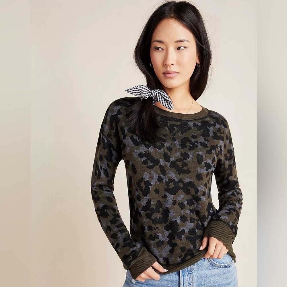 Anthropologie Ethan Camo Pullover Crewneck Sweater Womens Small Blk, Brown,Green